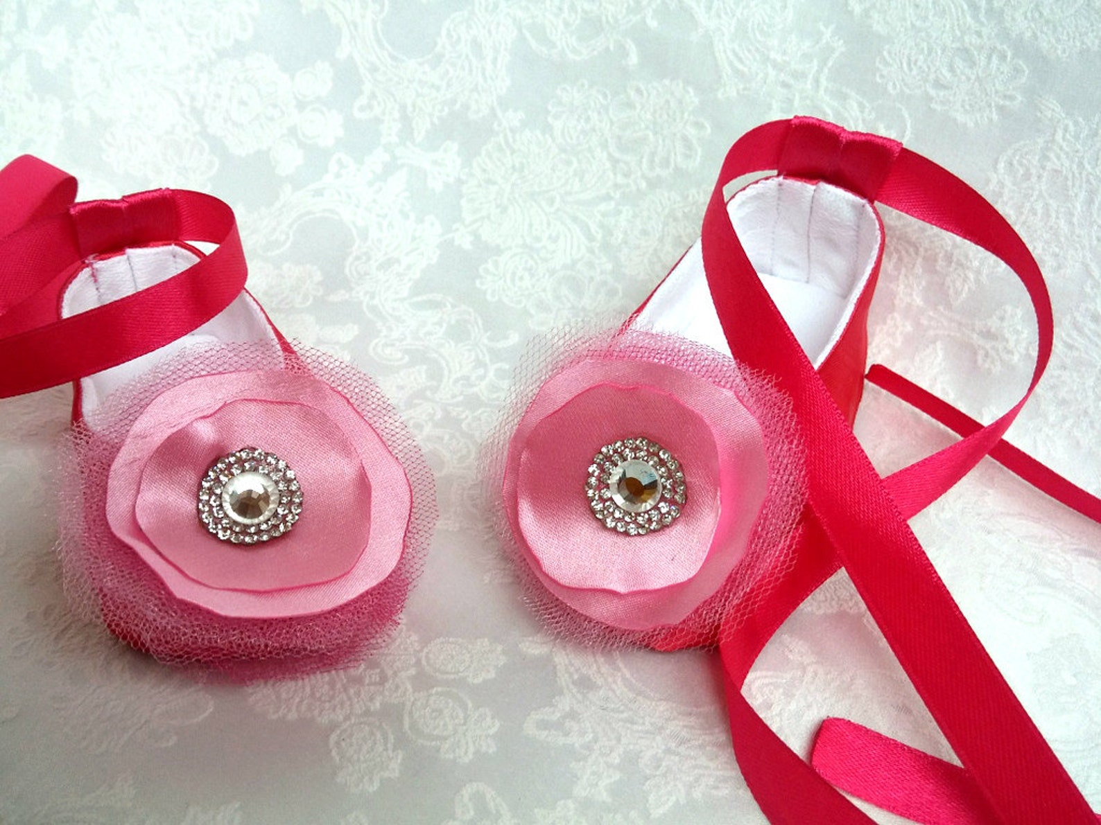 baby ballet flower shoes, sparkly rhinestone shoes, wedding shoes, dark pink satin shoes, ballerina baby shower gift, satin ball