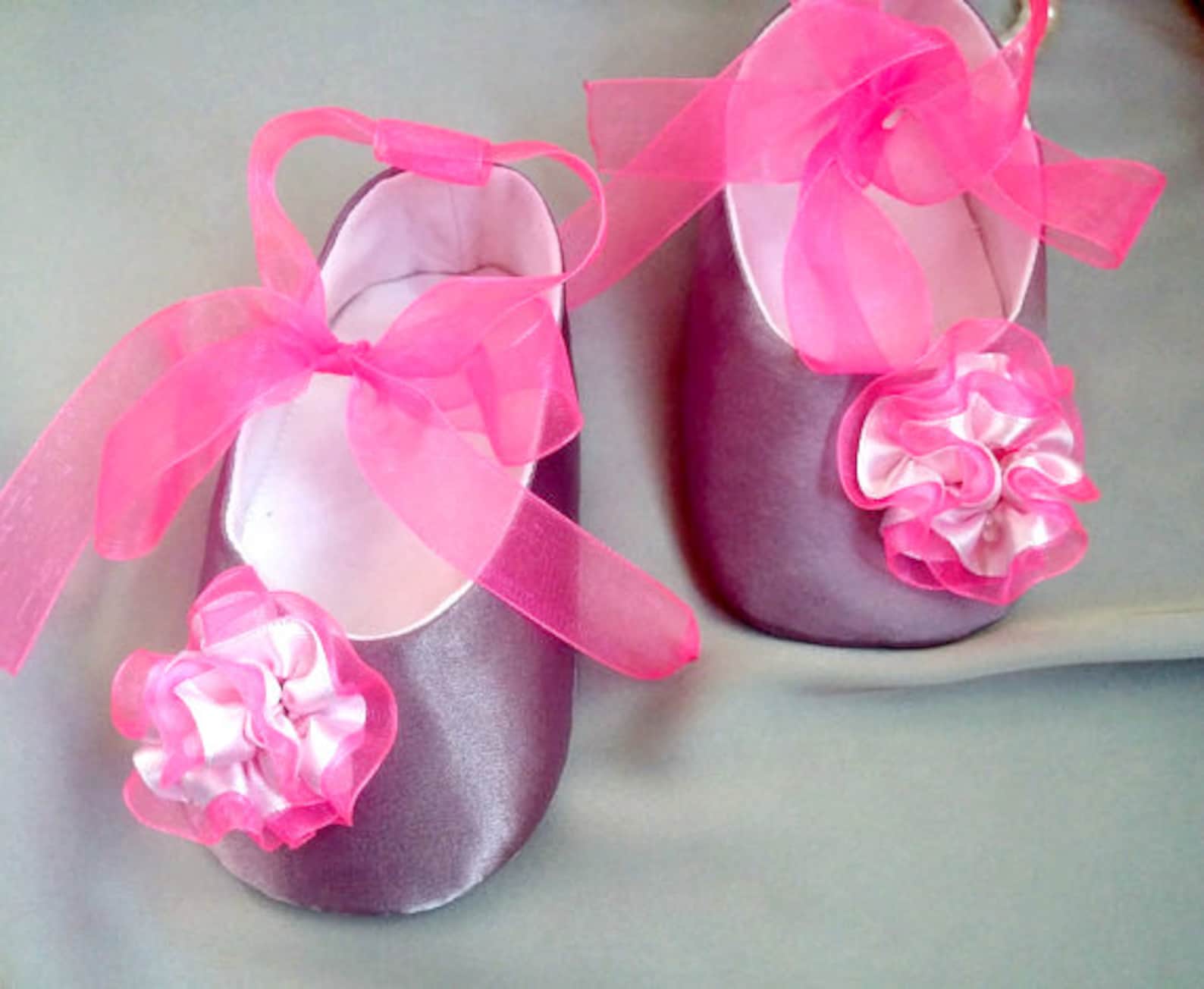 baby shoes, satin violet ballet flat, crib shoes, christening baby shoes, flower girl shoes, wedding baby shoes