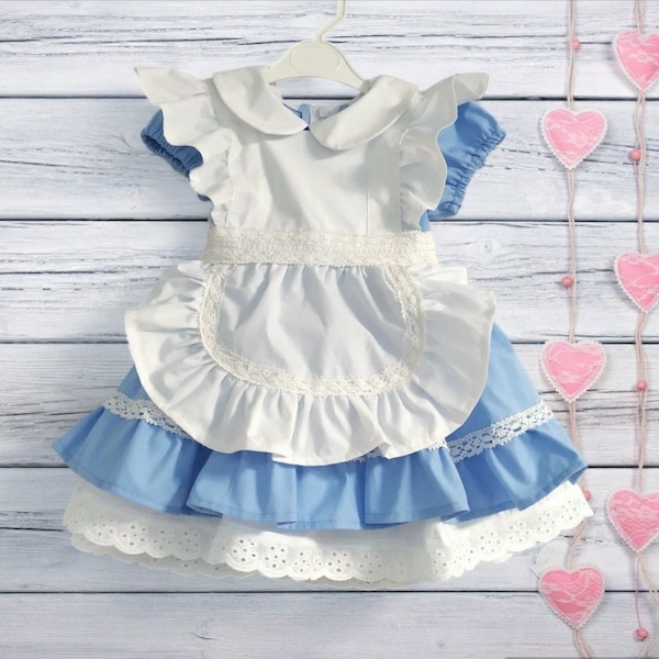 Alice's Magic Dress for Birthday "Journey to Wonderland", Alice in ONEderland Tea Party, Baby Cosplay Costume, Blue Toddler Dress with Apron