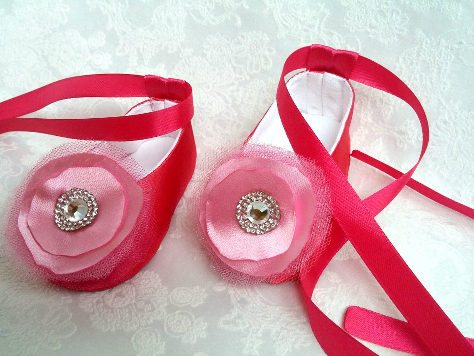 baby ballet flower shoes, sparkly rhinestone shoes, wedding shoes, dark pink satin shoes, ballerina baby shower gift, satin ball