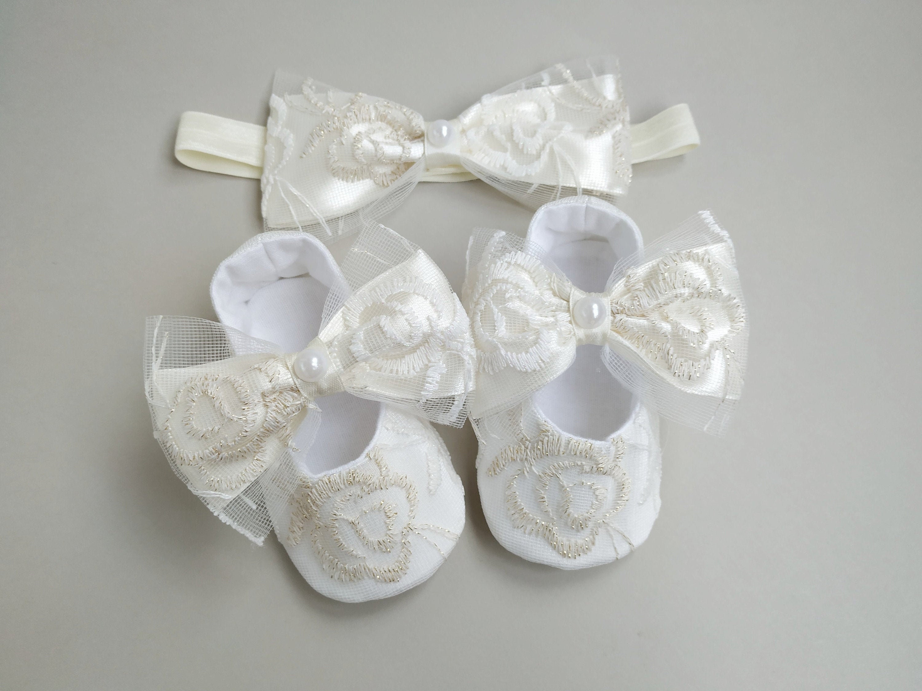 Embroidery Ivory Baby Girl Shoes With Bow, Cute Baby Headband and Bow