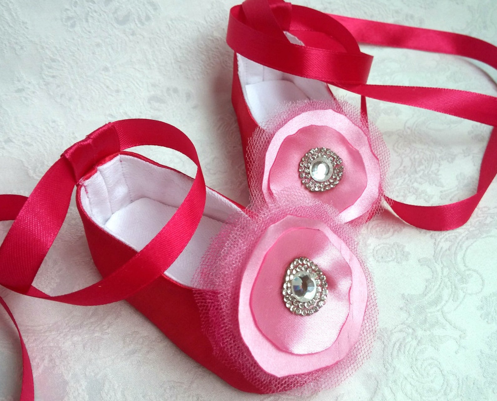 baby ballet flower shoes, sparkly rhinestone shoes, wedding shoes, dark pink satin shoes, ballerina baby shower gift, satin ball