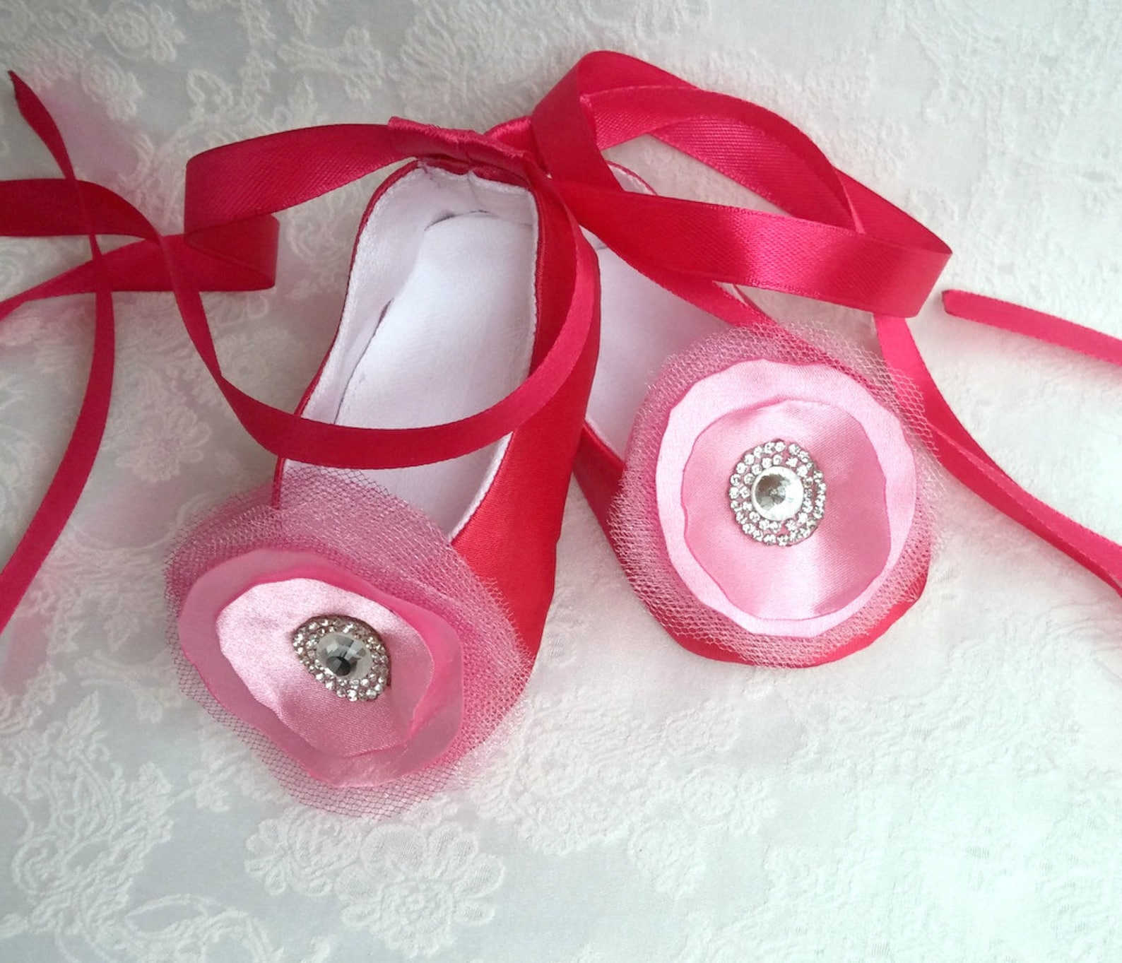 baby ballet flower shoes, sparkly rhinestone shoes, wedding shoes, dark pink satin shoes, ballerina baby shower gift, satin ball