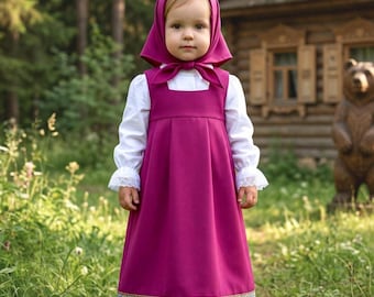 Robe d'anniversaire Masha et l'ours - Déguisement de fille de conte de fées pour Halloween Ensemble d'une robe d'été + chemisier + écharpe pour séance photo ou jeu d'habillage