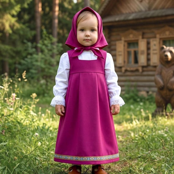 masha and the bear birthday dress – Fairytale Girl Costume for Halloween Set of a Sundress + Blouse + Scarf for Photo Shoot or Dress-up Play Puffy sleeve