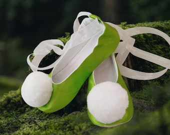 Tinkerbell Shoes for ADULTS - Light Green Ballet Flats with Soft Soles and White Pompom, Fairy Look, Fairytale Costume, Shoes for Halloween