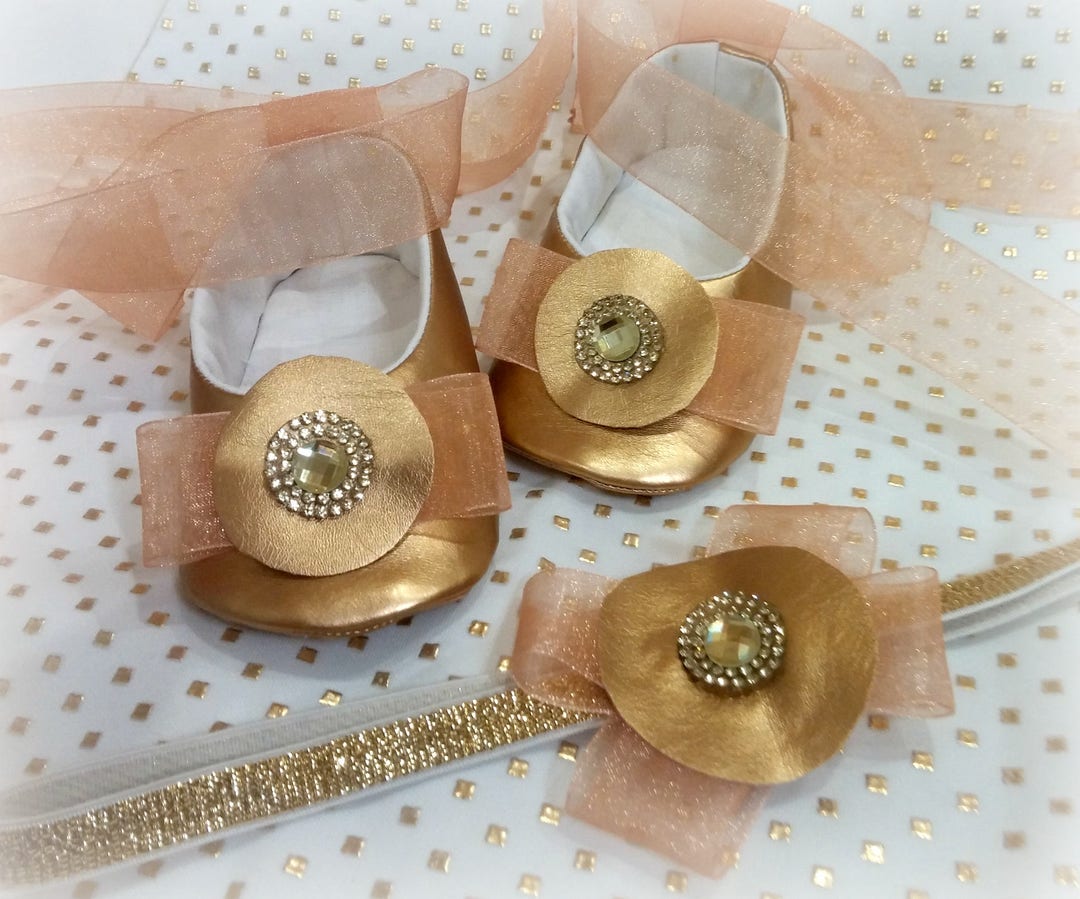 Golden Leather Baby GIRL Flower Shoes Set Rhinestone Princess Etsy