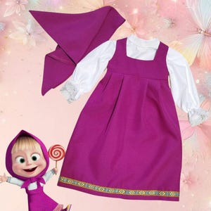 Traje clássico da Masha do desenho animado - roupa para menina, conjunto de vestido de verão + blusa + cachecol, para aniversário, Halloween, sessão de fotos
