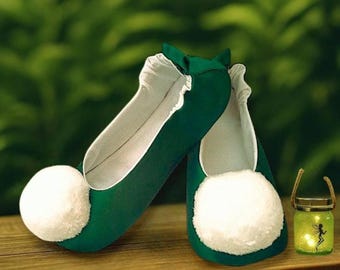 Adult Tinkerbell Inspired Flats: Green Satin Costume Shoes with Pom Pom