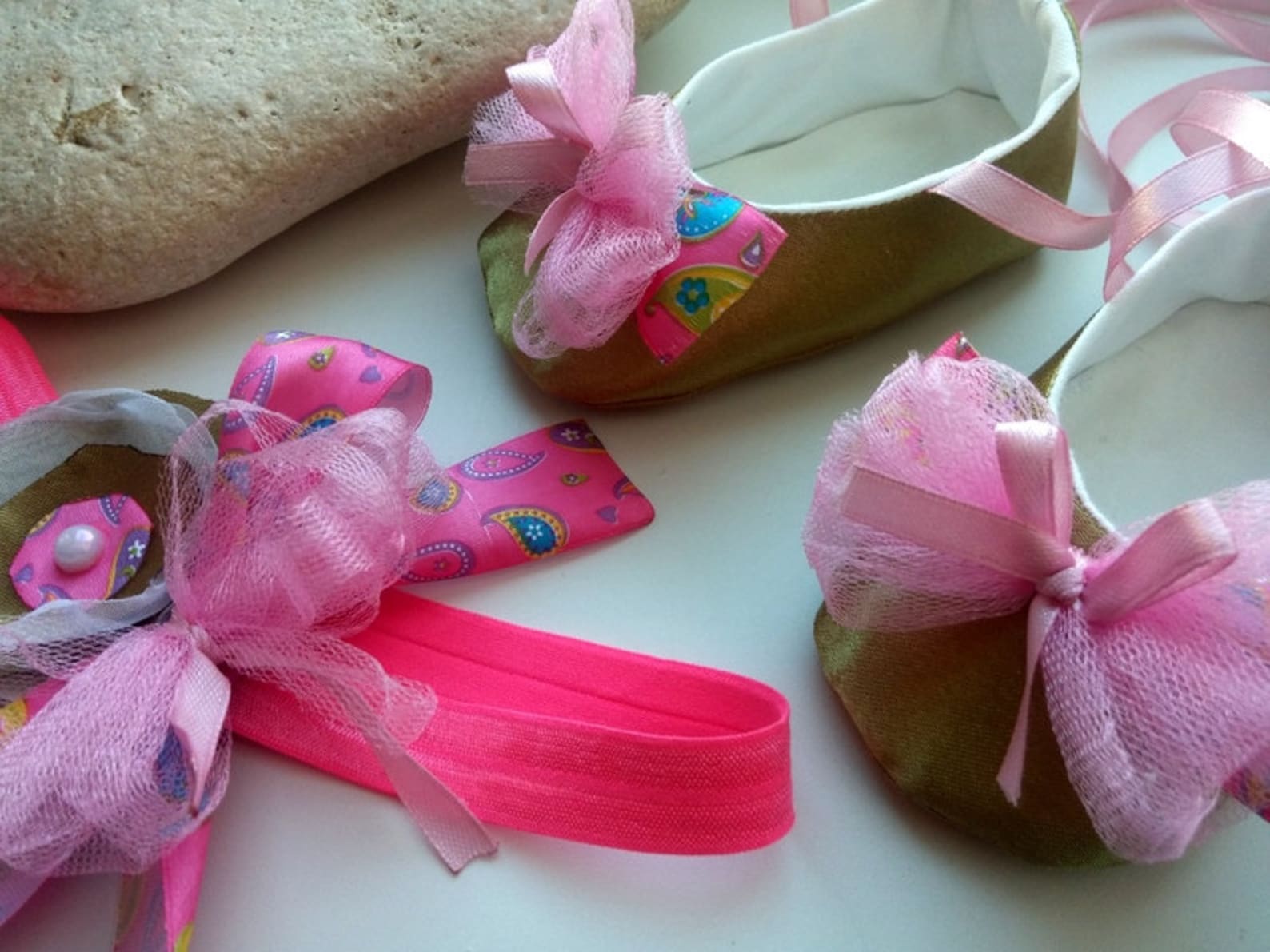 gold and pink baby infant girl shoes and headband, wedding gold satin baby shoes set, baby ballet flat with bow, toddler ballet
