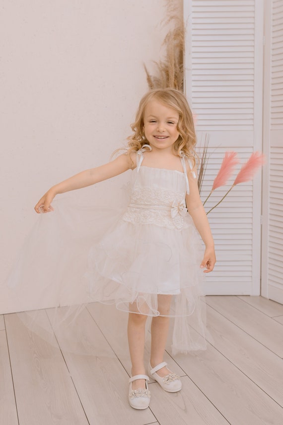 Ivory Lace Girl Dress With Detachable Long Train, Tulle and Satin Baby Dress,  Girls Party Dress, Flower Girl Outfit, Holy Communion Dress - Etsy Israel