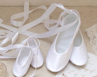 Wedding satin ballet flats for bride and flower girl, white mommy and me shoes with ribbons, custom soft flats for wedding day