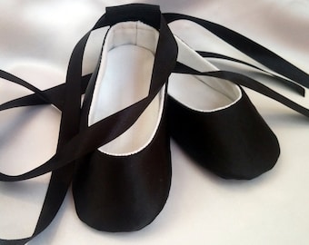 Black Satin Baby Girl Shoes: Soft Sole Ballerina Slippers