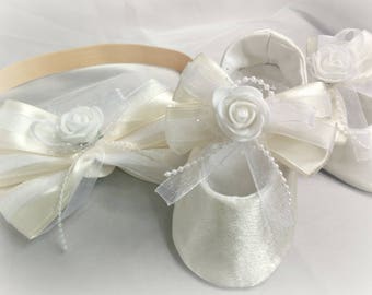 Ivory Satin Baby Shoes and Headband Set: Rose Christening, Blessing, Wedding