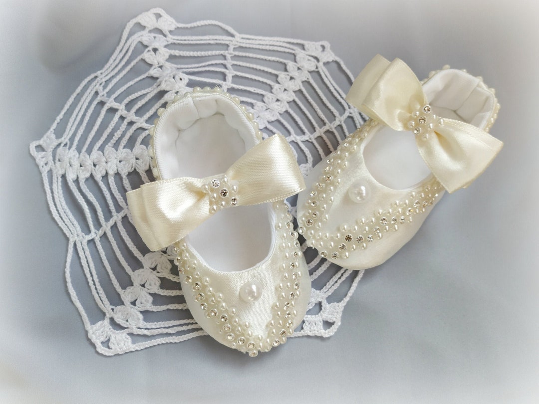 Pearl Rhinestone Christening Booties: Ivory Satin Baby Shoes - Etsy