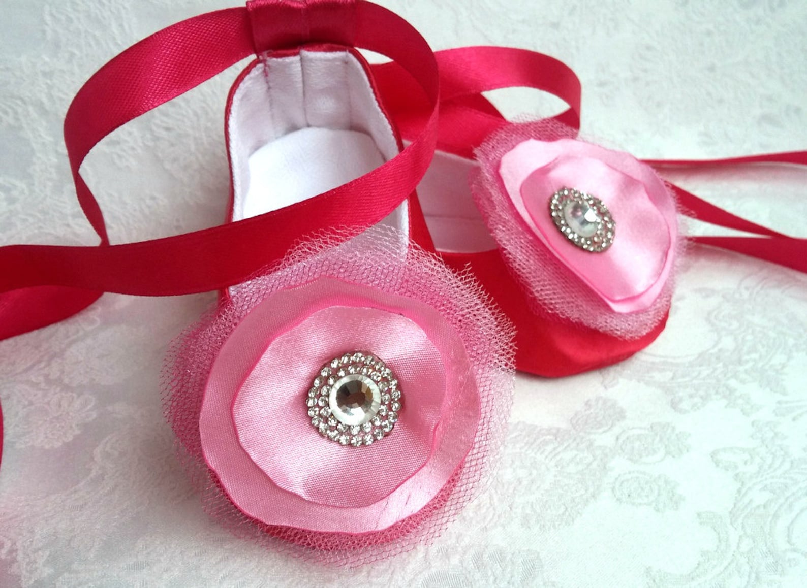 baby ballet flower shoes, sparkly rhinestone shoes, wedding shoes, dark pink satin shoes, ballerina baby shower gift, satin ball