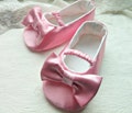 Pink Satin Baby Shoes: Christening Bow Slippers