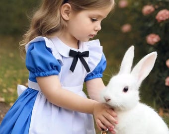 Alice in Wonderland Toddler Girl Costume for Birthday or Halloween Party - Blue Dress with Apron for Storybook Character Kids Outfit