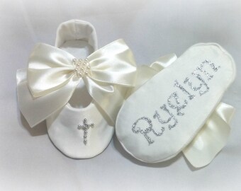 Personalized White or Ivory Baptism Shoes, Cross, Satin Bow, Christening Gift