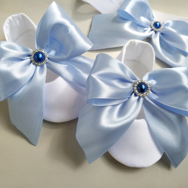 White Satin Mary Jane Baby Girl Shoes with Light Blue Satin Bow, White Baptism Shoes, Communion Shoes, Flower Girls Shoes, Holiday flats