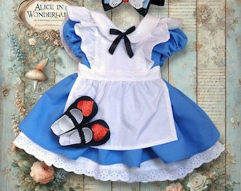 Alice in Wonderland Costume: Baby Blue Dress, Apron, Slippers & Headband