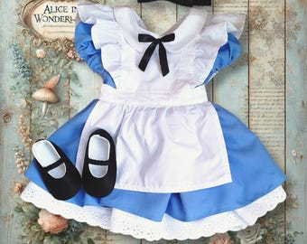 Alice in Wonderland-kostuum: katoenen jurk, schort, schoenen en hoofdband