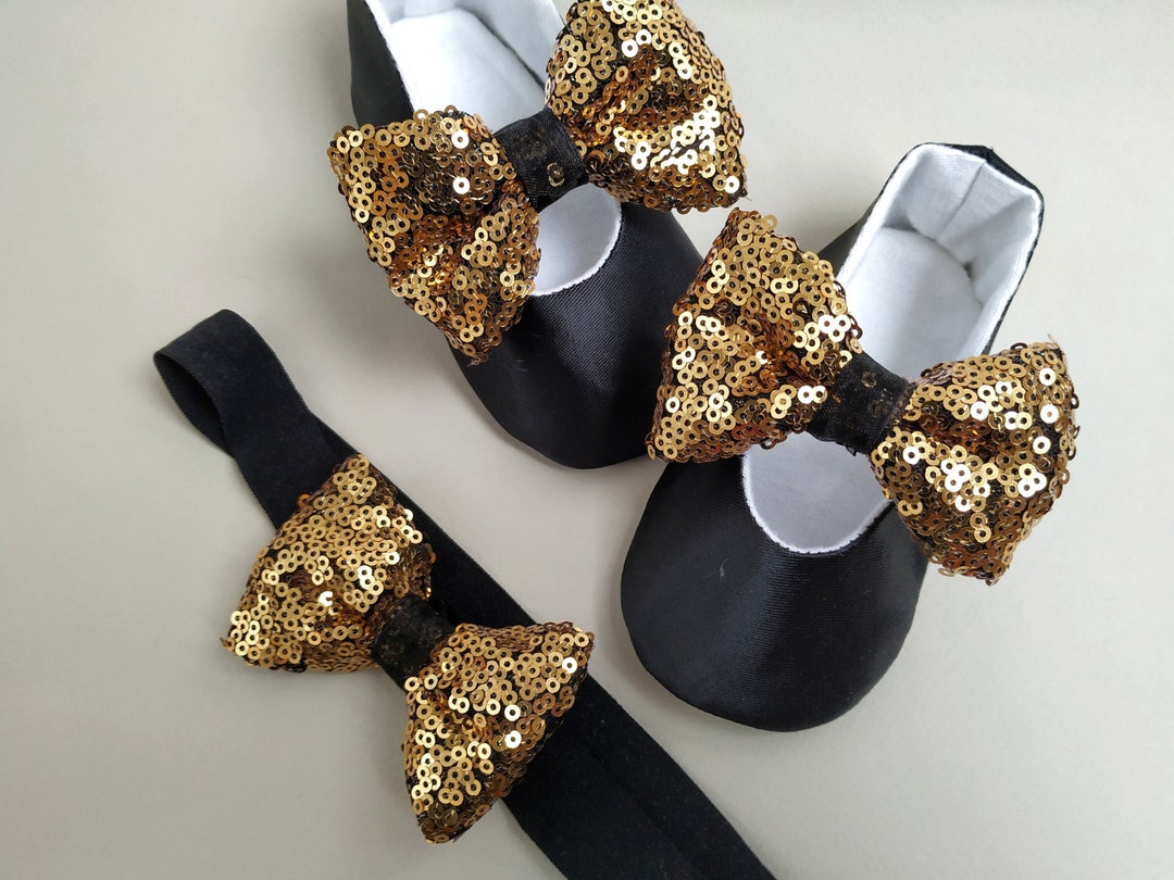 Black Baby Girl Shoes & Gold Glitter Bow, Fancy Rhinestone Baby Outfit