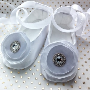 White Princess girl slippers, Baby ballet Flower shoes, Satin rhinestone wedding shoes, ballerina baby shower gift, satin ballet flats