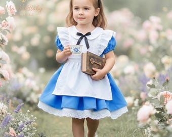 Alice in Wonderland Dress for Girls - Handmade Cotton Alice Costume, Toddler & Girl Party Photo Shoot Outfit