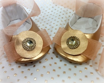 Beautiful ballerina Baby Girls Golden leather Shoe Rhinestone Princess Shoes Soft Sole Pre-Walkers Wedding baptism shoe Gold infant slippers