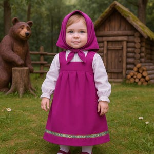 Masha and Bear Birthday Dress – Fairytale Girl Costume for Halloween Set of a Sundress + Blouse + Scarf for Photo Shoot or Dress-Up Play