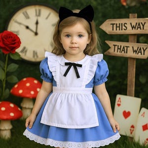 Alice in Wonderland Dress for Birthday Baby Girl Costume for Photo Shoot Halloween or Matinee Fairytale Look Onderland themed party outfit