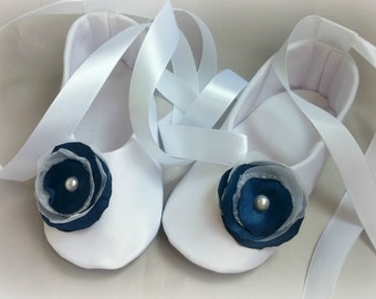 Flower girl dress shoes for white navy blue wedding , Handmade satin shoes for toddler, Girls Ballet Slipper, baptism/christening shoes