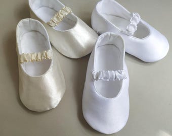 Satin Christening Shoes: White or Ivory Baby Ballet Slippers