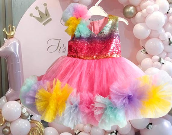 Unicorn Rainbow Princess Dress: Sequin Tulle Birthday Outfit