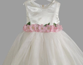 Ivory satin boho Flower Girl dress, Handmade Rustic Tulle Tutu Wedding Dres, Baby Princess Dress, Cute Toddler Dresses