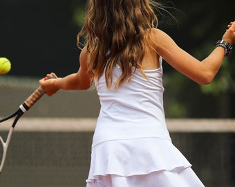 Girls Tennis Dress White RacerBack Wimbledon Girls Tennis Clothes  Junior Tennis Apparel