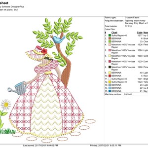 May include: An embroidered design of a woman in a pink and white dress watering flowers in a garden. The design includes a bird, a tree, and flowers. The design is 5 inches wide and 5 inches tall.