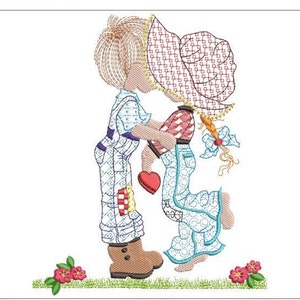 May include: Embroidered illustration of a boy and girl holding hands. The boy is wearing a blue and white shirt, blue overalls, and brown shoes. The girl is wearing a red and white shirt, blue jeans, and a red and white hat. They are both smiling and holding a red heart.