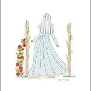 Puede incluir: Diseño bordado de una mujer con un vestido de estampado azul y blanco y un pañuelo blanco en la cabeza, de pie entre dos pilares con enredaderas florales.