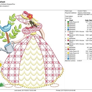 May include: Embroidered design of a woman in a pink and yellow dress holding a watering can. She is standing next to a blue bird on a green plant. The design is 3.39 inches tall and 3.33 inches wide.