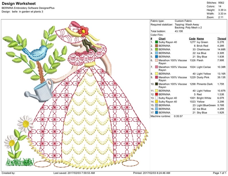 May include: Embroidered design of a woman in a pink and yellow dress holding a watering can. She is standing next to a blue bird on a green plant. The design is 3.39 inches tall and 3.33 inches wide.
