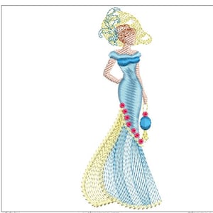 May include: Embroidered design of a woman in a blue dress with a yellow and blue train, holding a blue purse with a tassel. She is wearing a yellow hat with a blue feather.