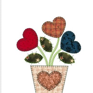 May include: A patchwork heart-shaped flower arrangement in a brown pot with a heart-shaped design. The flowers are red, blue, and orange.