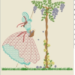 Puede incluir: Una mujer con un vestido rosa y azul recoge arándanos de una vid. La vid es marrón y tiene hojas verdes y flores amarillas. La mujer lleva una cesta en la mano.