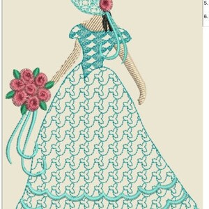 May include: A blue embroidered dress with a lace pattern and a matching hat. The dress has a full skirt and a bouquet of pink flowers.