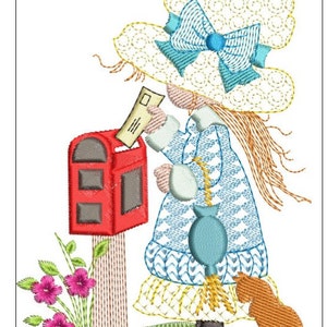 Puede incluir: Una niña con un vestido azul y un sombrero blanco con un lazo azul está poniendo una carta en un buzón rojo. Un gato está sentado a su lado. Hay flores rosas en la hierba.