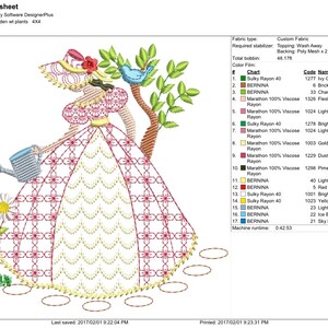 May include: A colorful embroidery design of a woman in a pink dress watering flowers. The design includes a bird, flowers, and a watering can. The design is 4x4 inches and includes 16 colors.