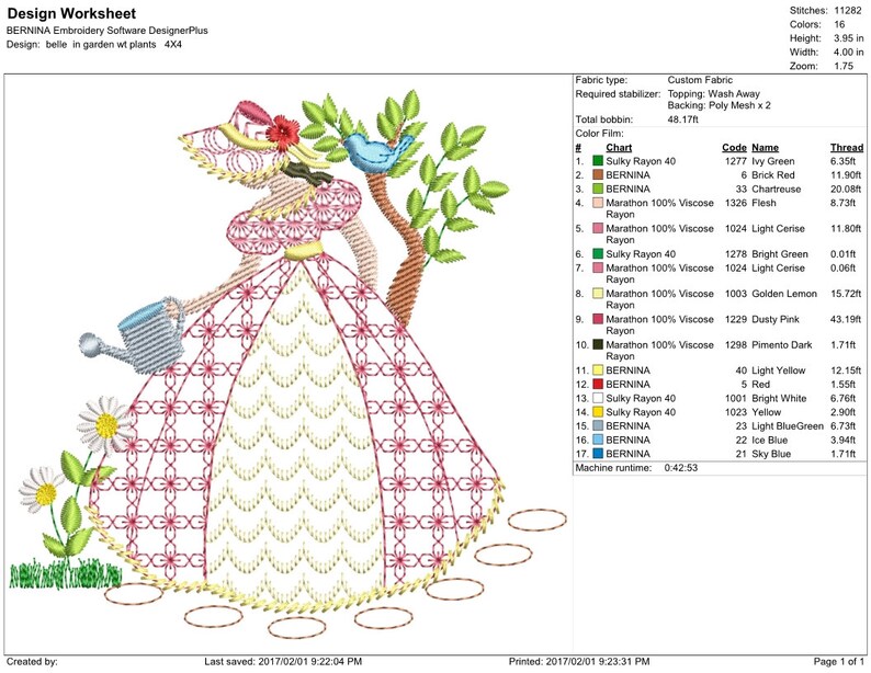 May include: A colorful embroidery design of a woman in a pink dress watering flowers. The design includes a bird, flowers, and a watering can. The design is 4x4 inches and includes 16 colors.