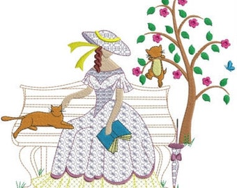 Belle in park machine embroidery download 3 different sizes (8X9  8X8  6x6 " hoop)d63